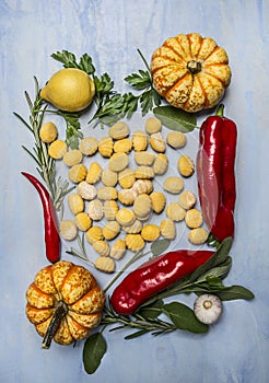 Autumn vegetable pumpkin pepper lemon herbs garlic and pumpkin gnocchi on blue wooden background top view