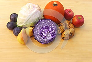 Autumn vegetables and fruits on a table