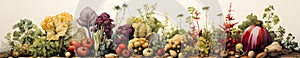 Autumn vegetables and fruits on wooden table. Panoramic banner