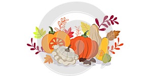 Autumn vegetables and leaves doodle background - flat design banner vibrant colors - floral seasons design