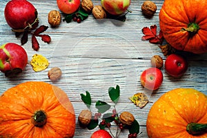 Autumn vegetables, pumpkins with red apples and walnuts and red berries with yellow, red and green leaves on white