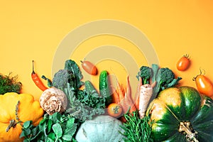 Autumn vegetables on trendy yellow background. Top view. Vegan and vegetarian diet, harvest concept. Ingredients for