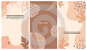 Autumn vertical backgrounds. Set of templates for social media posts and instagram stories. Abstract shape with leaves