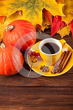 Autumn vertical banner with yellow, red leaves, pumpkins, cup of coffee and guelder rose on brown wooden background.
