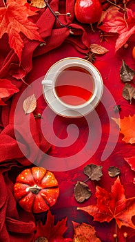 Autumn Vibes with Tea Cup Surrounded by Fall Leaves, Pumpkins and Pomegranates on Red Background