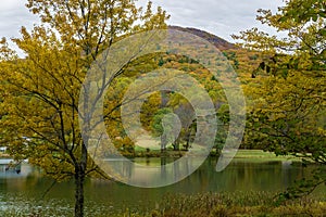 An Autumn View of Abbott Lake and Flat Top Mountain at the Peaks of Otter