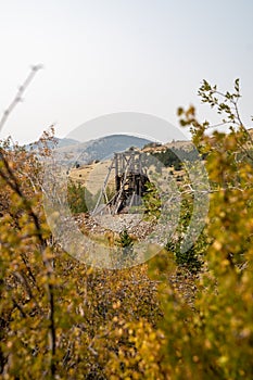 Autumn view of the Anna J mine, an abandoned gold mine in the National Historic District near Victor, Colorado