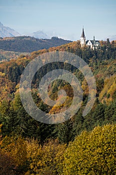 autumn view of Basilica of the Visitation of the Virgin Mary on top of the Marianska hill, Slovakia