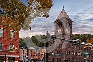 Autumn view of downtown Jim Thorpe PA with the Carbon County Courthouse building clock tower at right