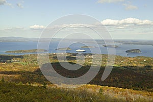 Autumn view from 1530 foot high Cadillac Mountain with views of the Porcupine Islands, Frenchman Bay and Holland America cruise sh photo