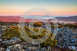 Autumn view from the hill to the city of Magadan and Gertner Bay