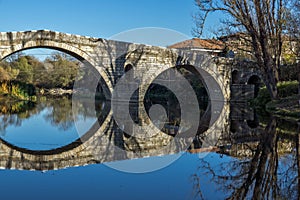 Autumn view of Kadin most - a 15th-century stone arch bridge over the Struma River at Nevestino, Bulgaria