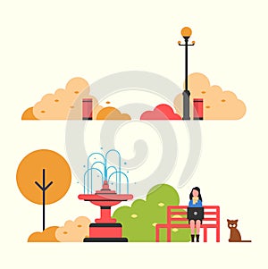 Autumn View of Park with Fountain and Lantern Vector