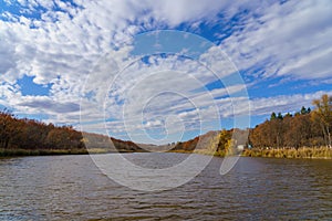 Autumn view with a reservoir during golden autumn. Nature background with copy space for text