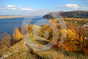 Autumn view of the slope of Mount Mogutovaya, Mount Lysaya and the Volga River in the vicinity of Zhigulevsk.