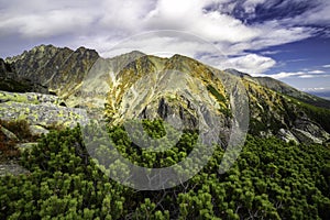 Autumn view of sunny mountains in High Tatras