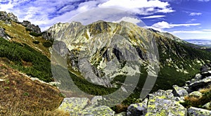 Autumn view of sunny mountains in High Tatras