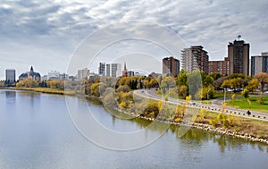 Autumn view to the Saskatoon downtown from the South Saskatchewan River embankment