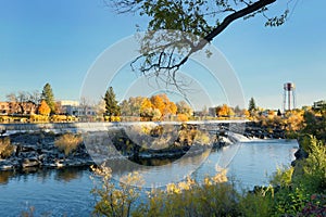 An autumn view of the water fall that the city of Idaho Falls Idaho is named after