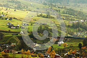 Autumn village landscape,  panoramic nature  scenery, Carpathian mountains. Ukraine, Europe