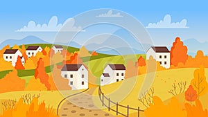Autumn village in sunny day, road to farm houses, farmland field, trees and buildings