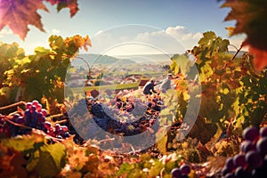 Autumn vineyard during grape harvest, in background rural landscape with village under blue sky