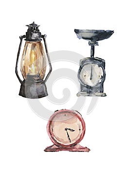 Autumn vintage home decor, kerosene lamp, kitchen scale, table clock, watercolor