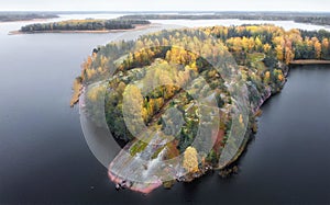 Autumn in Vyborg bay, aero view of clean nordic nature. Beautiful rocks and cliffs with woods in North Europe, Baltic sea, gulf of