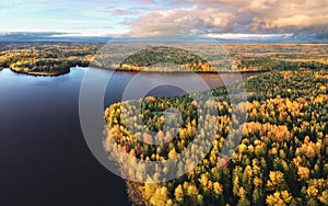 Autumn in Vyborg bay, aero view of clear nordic nature. Beautiful rocks and cliffs with woods in North Europe, Baltic sea, gulf of