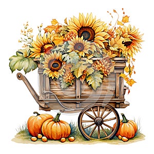 autumn wagon with harvest, with pumpkins and sunflower flowers in vintage style. thanksgiving card decoration, harvest festival