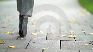 Autumn walk in city, closeup of feet of woman shod black shoes with red sole, back view