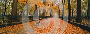 Autumn walk with dog in the city park Manhattan. Banner with orange leaves. Empty space. Close-up, banner. Generative Ai