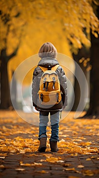 Autumn wanderlust Little boy with backpack strolls through park