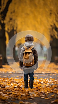 Autumn wanderlust Little boy with backpack strolls through park