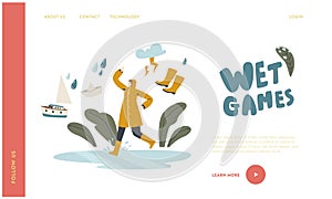 Autumn Water Games Landing Page Template. Happy Female Character Running on Puddles in Rainy Day, Woman Run under Rain