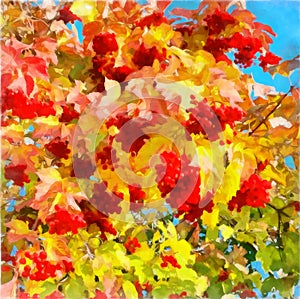 Autumn watercolor etude. Sunny day. Etude of autumn viburnum. Digital painting - illustration. Watercolor drawing
