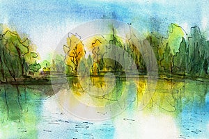 Autumn watercolor landscape. Drawn by hand. For design or print