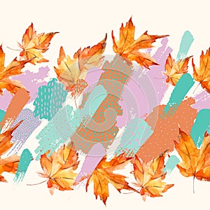 Autumn watercolor leaves on colorful splatter background