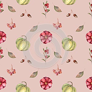  Autumn watercolor pattern on a pink background with a pumpkin flowers