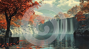 Autumn Waterfall Scene in Misty Forest
