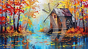 Autumn Watermill Painting