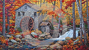 Autumn Watermill Painting