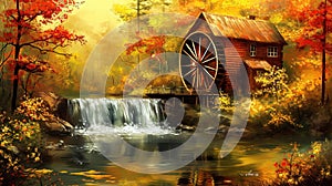 Autumn Watermill Painting