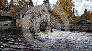 Autumn Watermill Painting