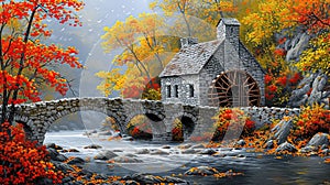 Autumn Watermill Painting