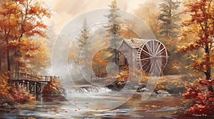 Autumn Watermill Painting