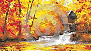 Autumn Watermill Painting