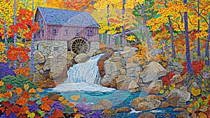 Autumn Watermill Painting