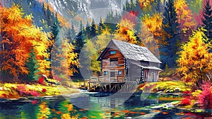Autumn Watermill Painting