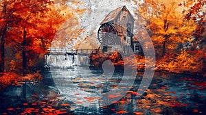 Autumn Watermill Painting